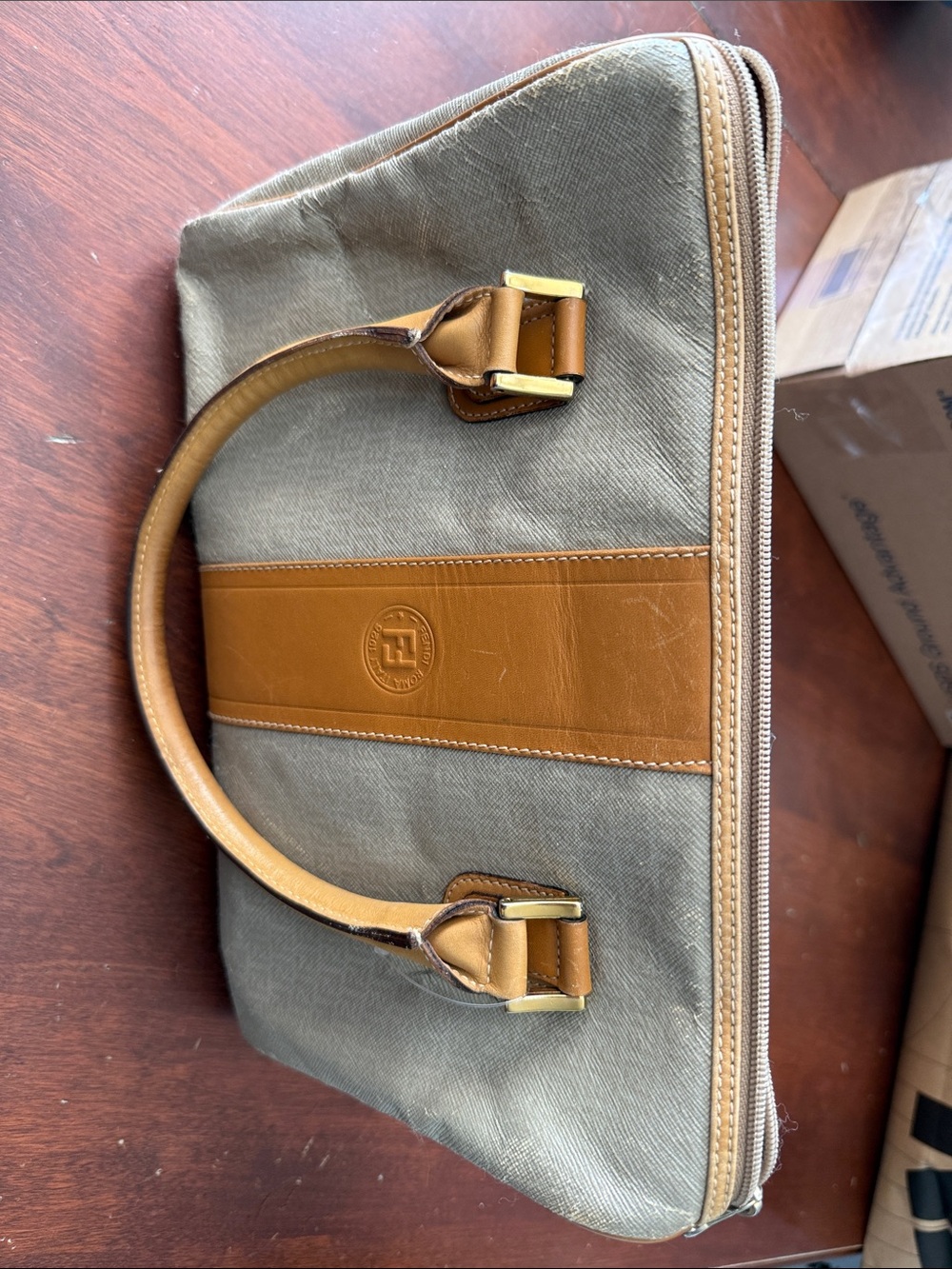 Fendi  Canvas and Tan Leather Top-Handle Bag